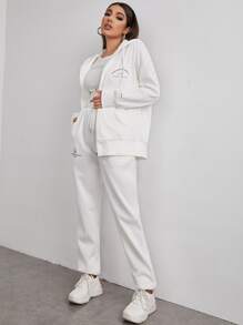 SHEIN EZwear Letter Graphic Zip Up Drop Shoulder Drawstring Hoodie & Tank Top & Joggers - White - View 1