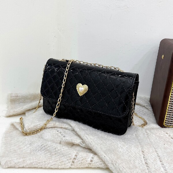 

Quilted Metal Heart Decor Chain Shoulder Bag, Black