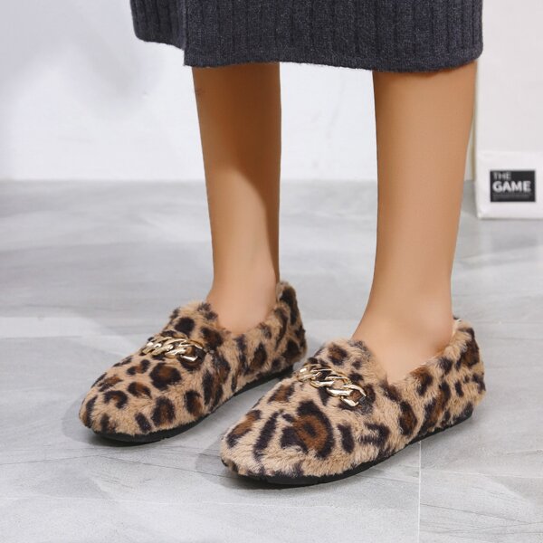 

Chain Decor Leopard Fluffy Flats, Khaki