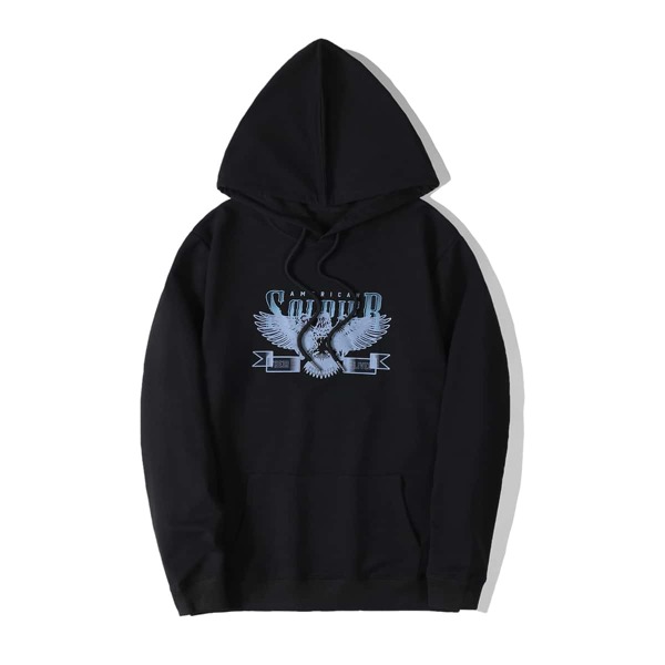 

Men Eagle And Letter Graphic Drawstring Hoodie, Black