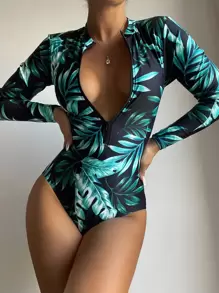 SHEIN Swim Plant Print Zipper One Piece Swimsuit,Summer Beach - Green - View 1