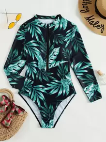SHEIN Swim Plant Print Zipper One Piece Swimsuit,Summer Beach - Green - View 3