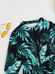SHEIN Swim Plant Print Zipper One Piece Swimsuit,Summer Beach - Green - View 5