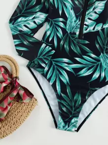 SHEIN Swim Plant Print Zipper One Piece Swimsuit,Summer Beach - Green - View 6