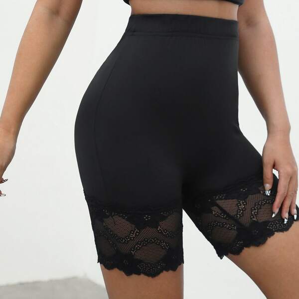 

Contrast Lace Hem Biker Shorts, Black