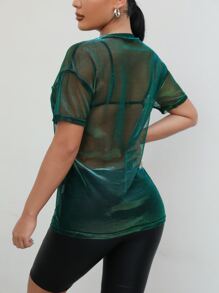 SHEIN SXY 落肩金屬質感透明網紗上衣不帶胸罩 - 綠色 - 查看 2
