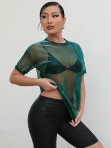 SHEIN SXY 落肩金屬質感透明網紗上衣不帶胸罩 - 綠色 - 查看 3