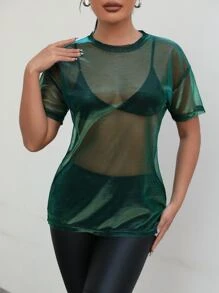 SHEIN SXY 落肩金屬質感透明網紗上衣不帶胸罩 - 綠色 - 查看 4