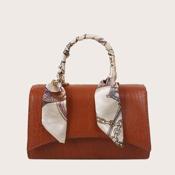 

Scarf Decor Crocodile Embossed Square Bag, Brown