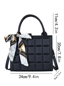 Elegant Business Solid Color PU Leather Fashion Handbag With Random Color Scarf, Women Shoulder Bag With Rivet & Metal Decoration, Bow Purse For Women - Black - View 4