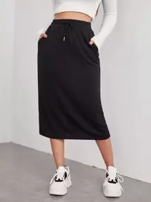 SHEIN EZwear 腰部抽繩斜口袋半身裙 - 黑色 - 查看 1