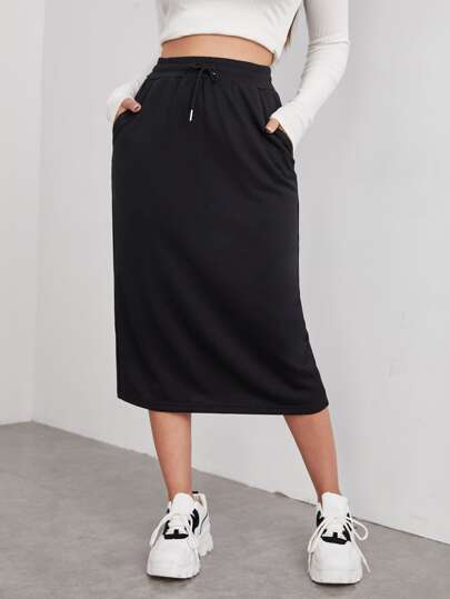 SHEIN EZwear Drawstring Waist Slant Pocket Skirt