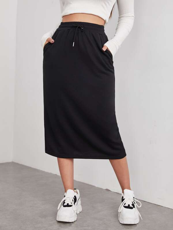 SHEIN EZwear Drawstring Waist Slant Pocket Skirt