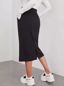 SHEIN EZwear 腰部抽繩斜口袋半身裙 - 黑色 - 查看 2