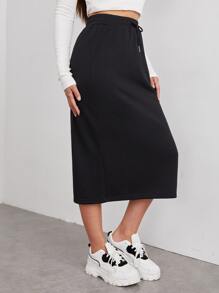 SHEIN EZwear 腰部抽繩斜口袋半身裙 - 黑色 - 查看 5