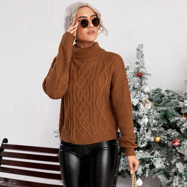 

Cable Knit Turtleneck Drop Shoulder Sweater, Coffee brown