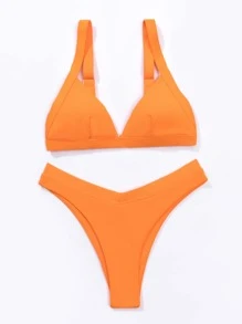 Rib Triangle High Leg Bikini Set Summer Beach - Orange - View 3