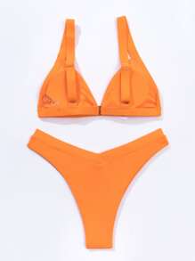 Rib Triangle High Leg Bikini Set Summer Beach - Orange - View 4