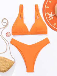 Rib Triangle High Leg Bikini Set Summer Beach - Orange - View 5