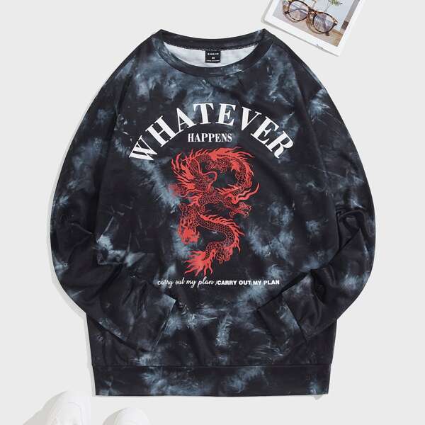 

Men Letter & Chinese Dragon Sweatshirt, Multicolor