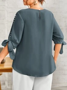 SHEIN Clasi Plus Pearls Split Knotted Cuff Blouse
