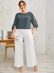 SHEIN Clasi Plus Pearls Split Knotted Cuff Blouse