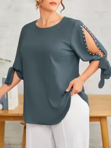 SHEIN Clasi Plus Pearls Split Knotted Cuff Blouse