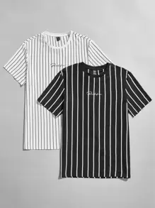 GENTILAND Men 2pcs Vertical Striped Letter Graphic Tee - Black and White - View 1