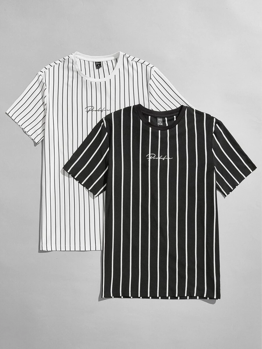 GENTILAND Men 2pcs Vertical Striped Letter Graphic Tee - Black and White - View 1