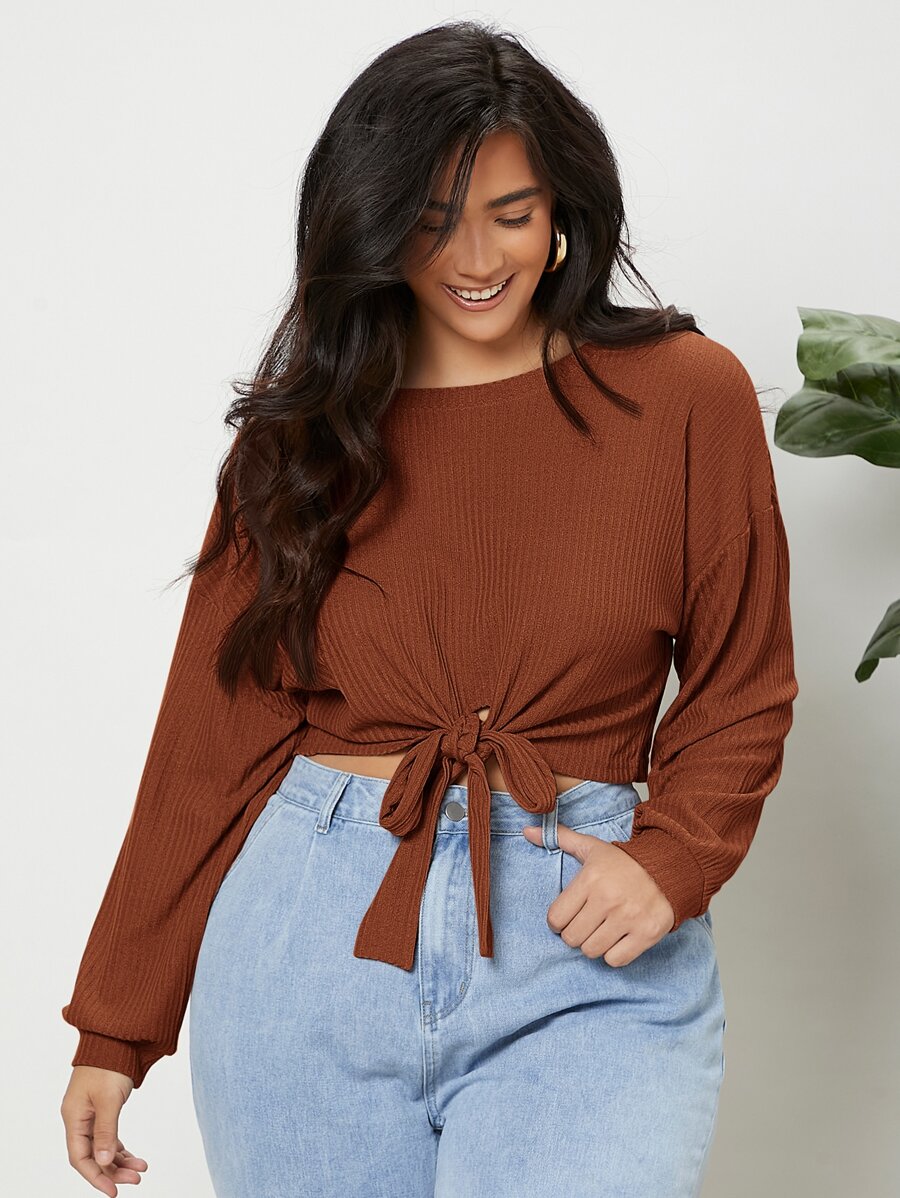 SHEIN Essnce Áo thun Plus size Thắt nơ trước màu trơn Giải trí - Rỉ Nâu - Xem 1