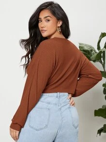 SHEIN Essnce Áo thun Plus size Thắt nơ trước màu trơn Giải trí - Rỉ Nâu - Xem 2
