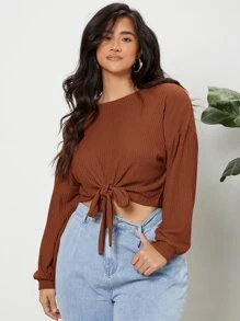 SHEIN Essnce Áo thun Plus size Thắt nơ trước màu trơn Giải trí - Rỉ Nâu - Xem 3