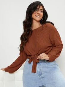 SHEIN Essnce Áo thun Plus size Thắt nơ trước màu trơn Giải trí - Rỉ Nâu - Xem 4