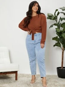 SHEIN Essnce Áo thun Plus size Thắt nơ trước màu trơn Giải trí - Rỉ Nâu - Xem 5