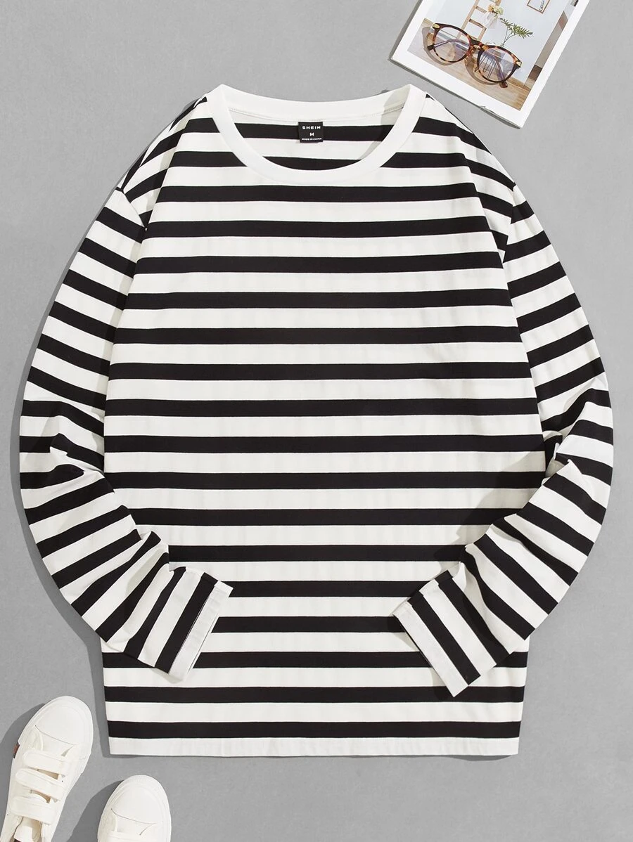 GENTILAND Hombres Camiseta con estampado de rayas - Blanco y Negro - Ver 1