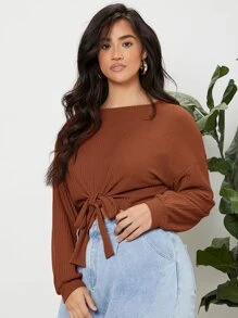 SHEIN Essnce Áo thun Plus size Thắt nơ trước màu trơn Giải trí - Rỉ Nâu - Xem 6