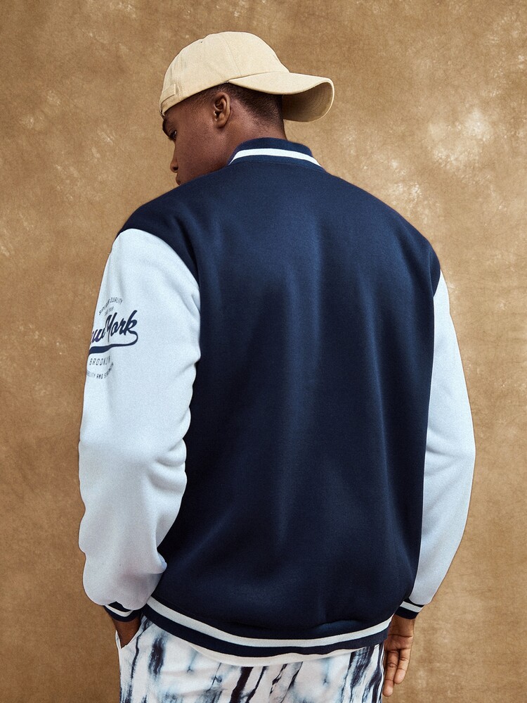 ROMWE MEN Prep Men Letter Embroidery Colorblock Button Front Varsity Jacket - Blue and White - View 2