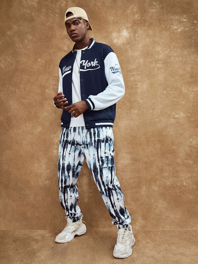 ROMWE MEN Prep Men Letter Embroidery Colorblock Button Front Varsity Jacket - Blue and White - View 4