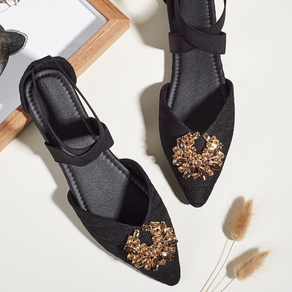 

Gemstone Decor Ankle Strap Flats, Black