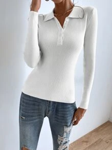 SHEIN Essnce Jersey con botón tejido de canalé - Blanco - Ver 1