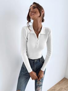 SHEIN Essnce Jersey con botón tejido de canalé - Blanco - Ver 3