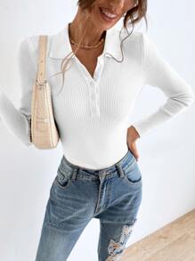 SHEIN Essnce Jersey con botón tejido de canalé - Blanco - Ver 4