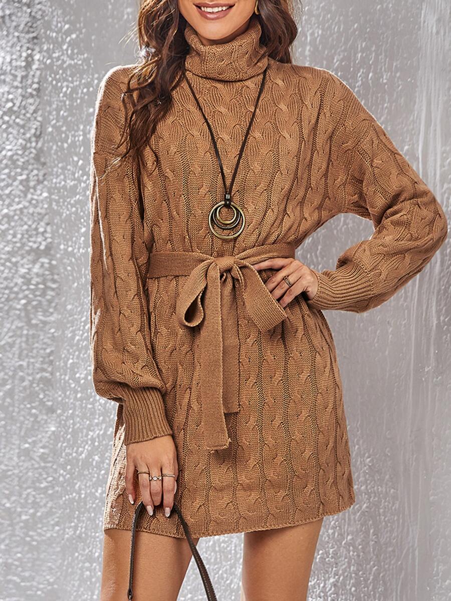 麻花編織高領落肩袖腰帶毛衣洋裝 - 駝色 - 查看 1