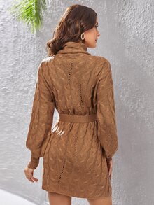 麻花編織高領落肩袖腰帶毛衣洋裝 - 駝色 - 查看 2