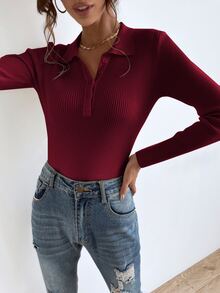 SHEIN Essnce Jersey con botón tejido de canalé - Burdeos - Ver 3