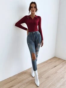 SHEIN Essnce Jersey con botón tejido de canalé - Burdeos - Ver 4