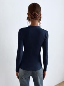 SHEIN Essnce Jersey con botón tejido de canalé - Azul Marino - Ver 2
