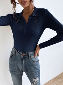 SHEIN Essnce Jersey con botón tejido de canalé - Azul Marino - Ver 3