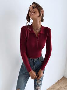 SHEIN Essnce Jersey con botón tejido de canalé - Burdeos - Ver 5