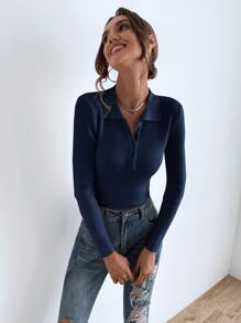 SHEIN Essnce Jersey con botón tejido de canalé - Azul Marino - Ver 4